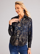 billige Kvinne Boho Topper-Dame Skjorte Mote Knapper Print Langermet Vanlige Topper Skjorte Krage Casual Blå Vår  Høst