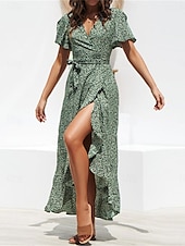 abordables Robes fleuries élégantes-robe décontractée pour femme robe portefeuille à pois à lacets à volants col en V robe longue robe maxi vacances manches courtes été