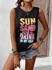 billiga Damlinnen och blusar-Damers Spaghetti Tank Top Västs Semester Tropisk Mode Bokstavstryck Ärmlös Regelbundna Toppar Crew Neck Avslappnad Svart Grå Sommar