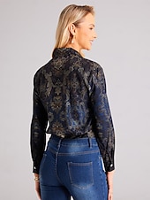 billige Kvinne Boho Topper-Dame Skjorte Mote Knapper Print Langermet Vanlige Topper Skjorte Krage Casual Blå Vår  Høst