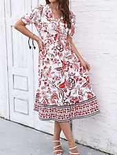preiswerte Elegante Blumenkleider-Damen Midikleid Casual kleid Schaukelkleid A Linie Kleid Sommerkleid Strassenmode A-Linie Urlaub Strasse Festtage Regular Fit Blumen Kurzarm V Ausschnitt Schwarz Rote Blau Grün Sommer