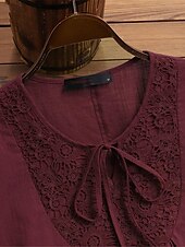 cheap Shirts-Women&#039;s Shirt Lace Shirt Blouse Eyelet top Plain Basic Modern 3/4 Length Sleeve Crew Neck Regular Tops Casual Lace Patchwork Black White Wine Navy Blue Summer Spring