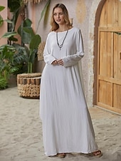 abordables Robes-Femmes Noir Blanche Rouge Été Printemps Automne Robe Maxi Robes inspirées du lin Robe Blanche Robe Décontractée Basique Occasionnel Quotidien Fête Coupe Ample Couleur Unie Col Bateau