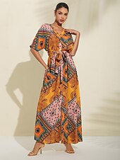 フォークプリント Vネックマキシドレス お買い得  プリントカジュアルドレス-フォークプリント Vネックマキシドレス