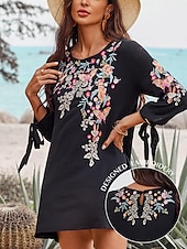 billiga svart mini klänning-Dam Mini klänning Svart klänning Mexikansk klänning Klassisk Boho Dagligen Lös passning Blommig Långärmad Rund hals Svart Sommar Vår