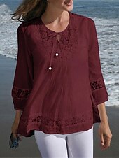 cheap Shirts-Women&#039;s Shirt Lace Shirt Blouse Eyelet top Plain Basic Modern 3/4 Length Sleeve Crew Neck Regular Tops Casual Lace Patchwork Black White Wine Navy Blue Summer Spring