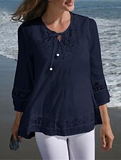 cheap Shirts-Women&#039;s Shirt Lace Shirt Blouse Eyelet top Plain Basic Modern 3/4 Length Sleeve Crew Neck Regular Tops Casual Lace Patchwork Black White Wine Navy Blue Summer Spring