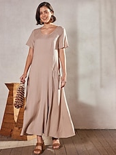 levne Šaty-Dámské Světlá růžová Nebeská modř Khaki Léto Maxi dlouhé šaty Maxi šaty Bavlněné lněné šaty Volnočasové šaty Jednobarevné Denní Volný Tričkový