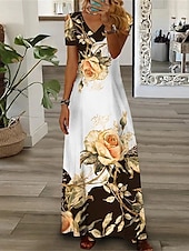 preiswerte Druck Blumen Kleider-Damen Freizeitkleid Blumendruck V-Ausschnitt Langes Kleid Maxikleid Urlaub Kurzarm Sommer