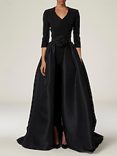 economico Lunghezza del pavimento-Jumpsuit con sovraspettacolo Abito per la madre della sposa Abito elegante semplice nero scollo a V strascico  strascico in tessuto elasticizzato maniche a tre quarti con colore solido dress to