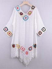 ieftine Rochii de plajă-Pentru femei Rochie albă Rochie Mini Bufantă Peteci Vacanță Plajă Sexy Boho În V Lungime Manșon 3/4 Negru Alb Roșu-aprins Culoare