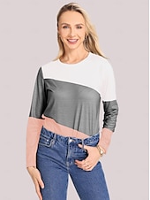 お買い得  ストライプ＆ジオメトリックTシャツ-女性用 Tシャツ カラーブロック 日常 ベーシック 長袖 ラウンドネック レギュラートップス 日常 週末 プリント ピンク ブルー グリーン カーキ色 秋冬