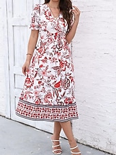 preiswerte Elegante Blumenkleider-Damen Midikleid Casual kleid Schaukelkleid A Linie Kleid Sommerkleid Strassenmode A-Linie Urlaub Strasse Festtage Regular Fit Blumen Kurzarm V Ausschnitt Schwarz Rote Blau Grün Sommer