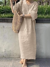 abordables concevoir des robes en coton et lin-Femmes bleu marine Orange Vert Été Printemps Robe maxi Robes inspirées du lin Robe Décontractée Basique Moderne Quotidien Week-end Coupe Ample Uni Col en V