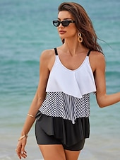 economico Tankini-costume da bagno da donna due pezzi tankini color block strisce bianco nero senza maniche scollo a barchetta asciugatura rapida elastico estivo spiaggia sportivo costume da bagno con pantaloncini