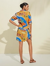 baratos Vestidos de Férias-Vestido curto de cetim com estampa gráfica de mapa costeiro