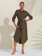 economico vestito casual-Abito camicia midi casual con bottoni in raso e allacciatura
