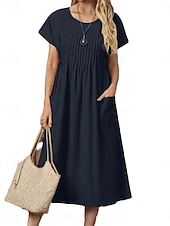 voordelige ontwerp katoenen en linnen jurken-Dames Rood Marineblauw Groen Zomer Lente Halflange jurk Linnen-geïnspireerde jurken Casual jurk Katoenen linnen jurk Vakantie Basic Modern Dagelijks Weekend Ruim Passend Effen Strakke ronde hals