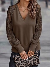 economico Top in Pizzo-Top in pizzo elegante da donna con occhiello blusa alla moda moderna patchwork in pizzo maniche lunghe regolare scollatura a V casual romantico top petite estivi per le vacanze nere marroni verdi