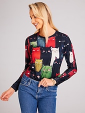 preiswerte Tiere T-Shirt-Damen T-Shirt Langarm Rundhals Langarm Tunika Katzenprint Reguläre Tops Rundhals Alltag Wochenende Schwarz Gelb Orange Frühling  Herbst Pre-Fall