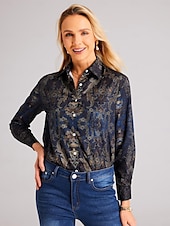 billige Kvinne Boho Topper-Dame Skjorte Mote Knapper Print Langermet Vanlige Topper Skjorte Krage Casual Blå Vår  Høst