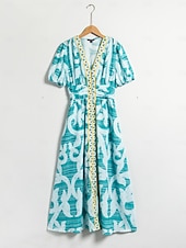 abordables Robes de vacances-robe mi-longue à manches bouffantes et col V