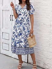 preiswerte Elegante Blumenkleider-Damen Midikleid Casual kleid Schaukelkleid A Linie Kleid Sommerkleid Strassenmode A-Linie Urlaub Strasse Festtage Regular Fit Blumen Kurzarm V Ausschnitt Schwarz Rote Blau Grün Sommer