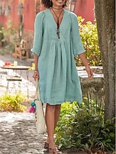 preiswerte Kleider aus Baumwolle und Leinen entwerfen-Damen Grün Sommer Frühling Minikleid Leinen-inspirierte Kleider Freizeitkleid Basic Modern Täglich Wochenende Lässiger Schnitt Einfach V Ausschnitt