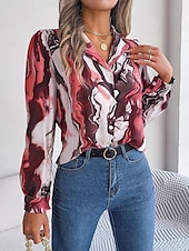voordelige Dames grafische tops-dames overhemd blouse mode abstract knopen print lange mouw normale tops overhemd kraag casual geel rood blauw paars groen lente&amp;amp;  val