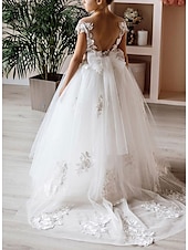 voordelige Bloemenmeisjesjurken-Baljurk Vloerlengte Bloemenmeisje Jurk Eerste Communie Meisjes Schattige Prom Jurk Kant met Ceintuur  Lint Boho Tutu Pasvorm 3-16 Jaar Jurk om indruk te maken