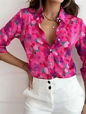 billiga Kvinnors Konst &amp; Design Toppar-Damblus Floral Tryck 3/4 Lång Ärme Spridd Krage Rosa Magenta Vit Knapp-Down Vår Sommar Casual Elegant Tropical Semesterstorlekar Tillgängliga