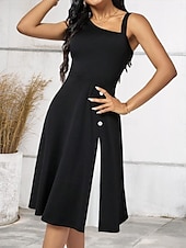 preiswerte Frauen schwarzes Kleid-Cocktailkleid für Damen, einschultrig, asymmetrischer Ausschnitt, Knopfdetail, ärmellos, A-Linie, Midi, schwarz, weiß, Party, elegant, stilvoll, Frühling, Sommer, Kleidung