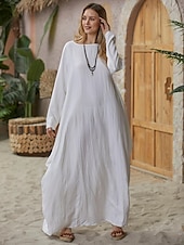 abordables Robes-Femmes Noir Blanche Rouge Été Printemps Automne Robe Maxi Robes inspirées du lin Robe Blanche Robe Décontractée Basique Occasionnel Quotidien Fête Coupe Ample Couleur Unie Col Bateau