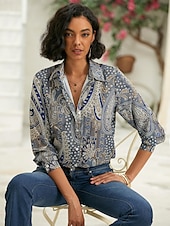 halpa Naisten Boho Topit-Naisten paita elegantti vintage muoti paisley napitettu printti pitkähihainen normaalitoppi kauluskotelo rento päivittäinen loma sininen kevät syksy
