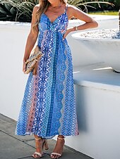 billige Ferie kjoler-kvinners fritidskjole slipkjole floral geometrisk ryggløst trykk stropp lang kjole maxi kjole boho ferie ermeløs sommer