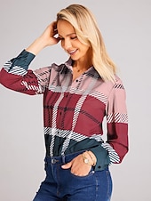 billiga Kvinnors randiga och geometriska toppar-Dam skjorta mode rutigt knappar tryck lång ärm vanlig topp skjortkrage casual röd blå khaki grå vår  höst