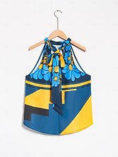 baratos camisas, tops e blusas-Mulheres Geométrico Flor / Plantas Férias Final de semana Sem Mangas Azul Franzido Amarre nas costas / na frente Sem Manga Blusas Amarrado No Pescoço Verão