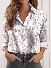 billiga Kvinnors Konst &amp; Design Toppar-Damblus Floral Tryck 3/4 Lång Ärme Spridd Krage Rosa Magenta Vit Knapp-Down Vår Sommar Casual Elegant Tropical Semesterstorlekar Tillgängliga