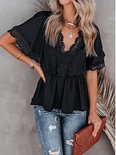 voordelige Elegante topjes-Overhemd Kanten overhemd Blouse Wit kanten overhemd Dames Zwart Wit Effen Kant Soepelvallende tuniek Straat Dagelijks Modieus V-hals Normale pasvorm S