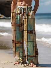 billiga Casual byxor med tryck för män-Herr Hawaiisk Färgblock Pläd / Rutig Blandad färg Byxor 3D-tryck Byxor med raka ben Medium Midja Dragsko Elastisk midja Utomhus Gata Helgdag Sommar Vår Höst Slapp form Microelastisk