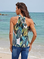cheap Tank Tops &amp; Camis-Women&#039;s Halter Crisscross Tank Leaf Leaves Boho Beach Sleeveless Halter Neck Casual Going out Beach Backless Bow Grass Green Spring &amp; Summer