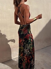 economico Abiti eleganti floreali-Per donna Abito lungo Abito lungo Abito casual Abiti Boho Chic Boemia Maxi Linea A Da mare Per eventi Taglia piccola Floreale Tropicale Senza maniche A V Nero Bianco Blu Estate