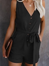 abordables grenouillère-combinaison femme sans manches col en V boutonné devant noué à la taille couleur unie lin style décontracté élégant été printemps tenue une pièce