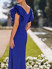 abordables BLEU-Robe de Soirée Fourreau Élégante Robe Formelle Invitée au Mariage Longueur de Sol Manches Courtes Décolleté en V Crêpe Élastique avec Plis Cristaux