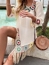 ieftine Rochii de plajă-Pentru femei Rochie albă Rochie Mini Bufantă Peteci Vacanță Plajă Sexy Boho În V Lungime Manșon 3/4 Negru Alb Roșu-aprins Culoare