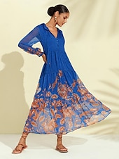 economico abito casual stampato-abito boho in chiffon con fiori tropicali e maniche a sbuffo