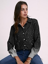 economico Top d&#039;Arte e Design per Donne-Camicia da Donna Basic Stampa Bottoni Maniche Lunghe Regular Tops Collo della Camicia Casual Giornaliero Blu Grigio Primavera Autunno