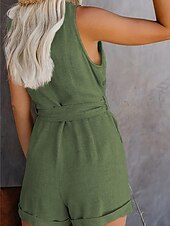 abordables grenouillère-combinaison femme sans manches col en V boutonné devant noué à la taille couleur unie lin style décontracté élégant été printemps tenue une pièce