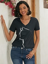 cheap Animals tee-Women's T shirt Tee Black Graphic Cat Print Short Sleeve Daily Weekend Basic V Neck Regular 3D Cat S