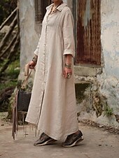 olcso design pamut és len ruhák-Női Keki zöld Sárgabarack Nyár Tavasz Maxi hosszú ruha Pamut vászon ruhák Ingruha hétköznapi ruha Alap Modern Napi Hétvége Laza öltözet Sima Állógallér